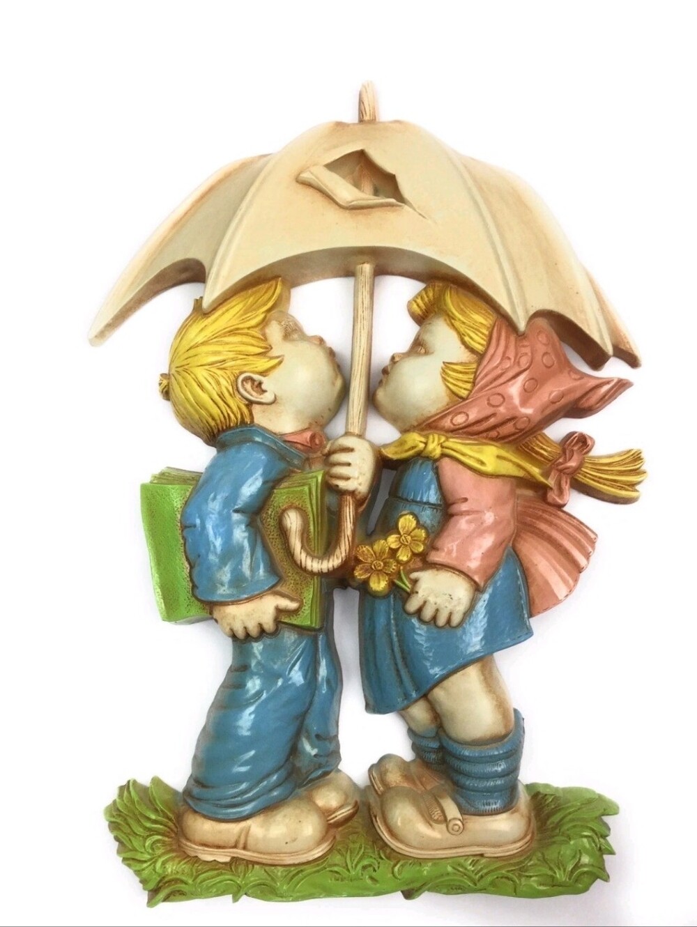 Vintage Wall Plaque of Kissing Children Under Umbrella - Blue & Beige